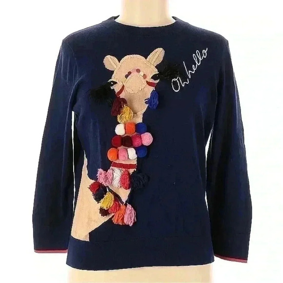 Kate Spade OH Hello Camel Sweater Cashmere Cotton M Embellished Pom Pom Crewneck - Picture 7 of 8